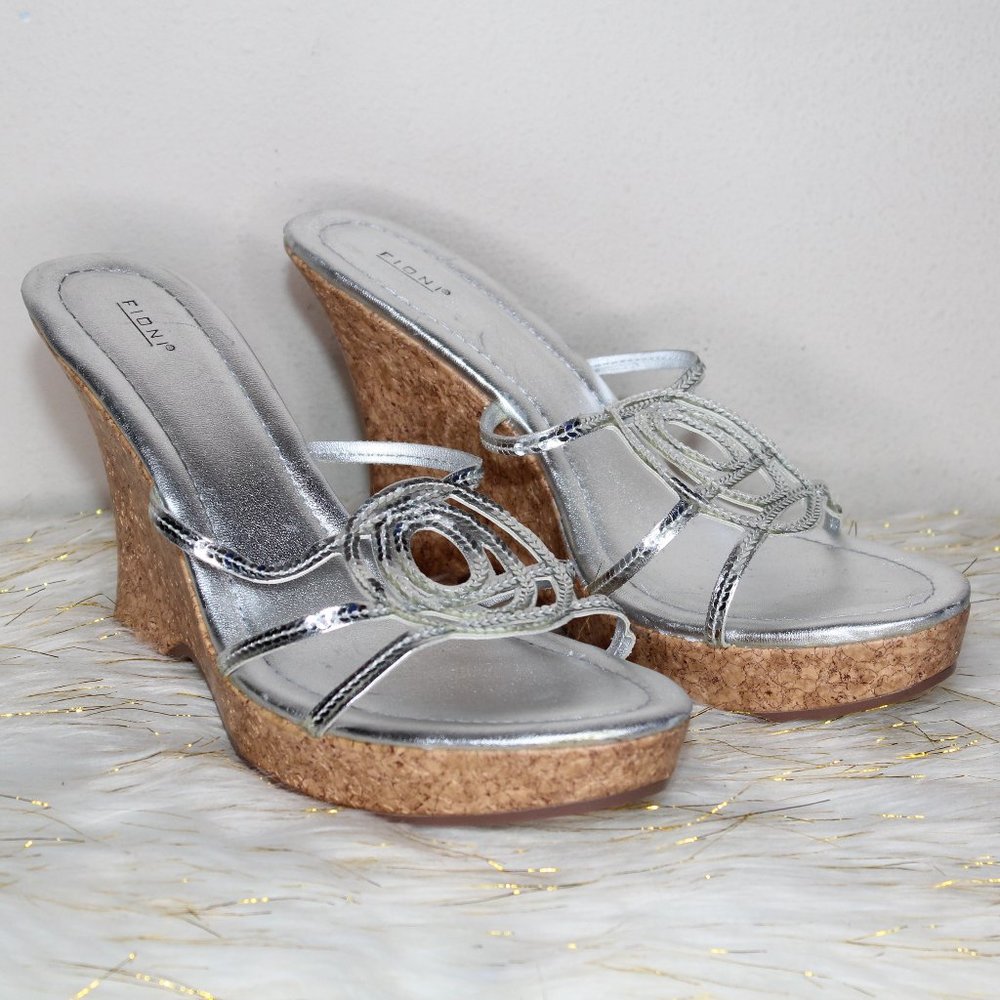 Fioni Silver Sequin Cork Wedges